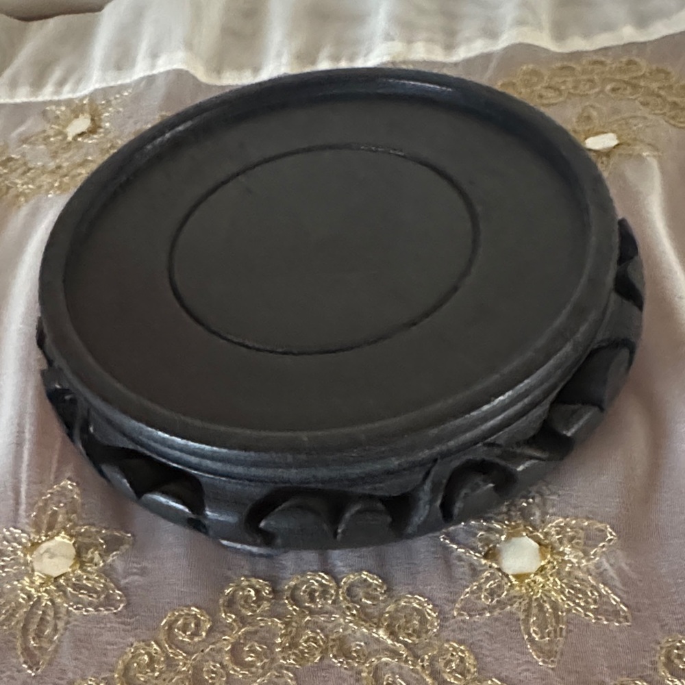Vintage Round Asian Wood Carved Ornate Black Display Stand